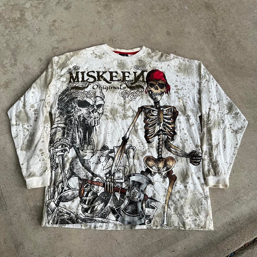 Y2K 2000s Miskeen All Over Print Pirate Skeleton Long-sleeve Shirt size XL
